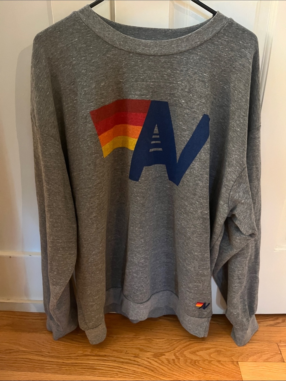 Aviator Nation Gray Sweatshirt with Blue AV and Rainbow Stripe